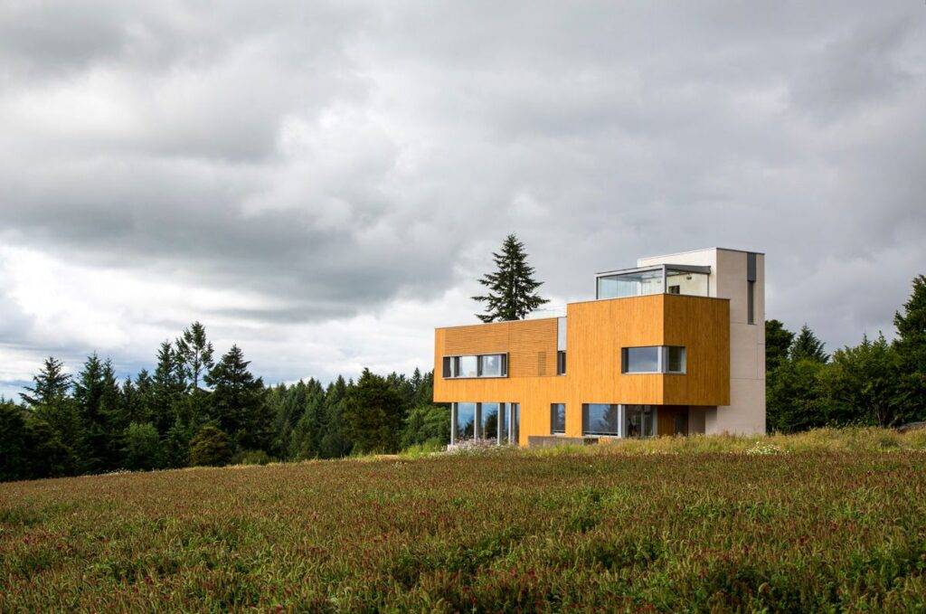 Profile view of Karuna House and surrounding wilds outside Portland, Oregon.