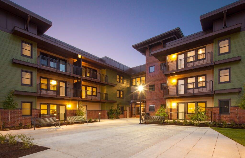 View of courtyard, entrance and residences at Orchards at Orenco building in Hillsboro, Oregon.