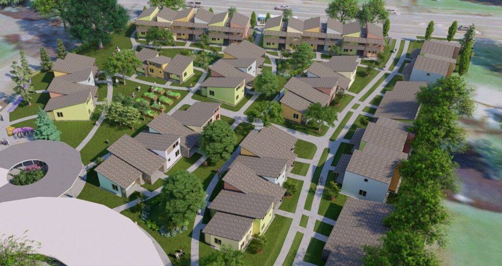 Architectural rendering displaying aerial view of Peace Village development in Eugene, Oregon.