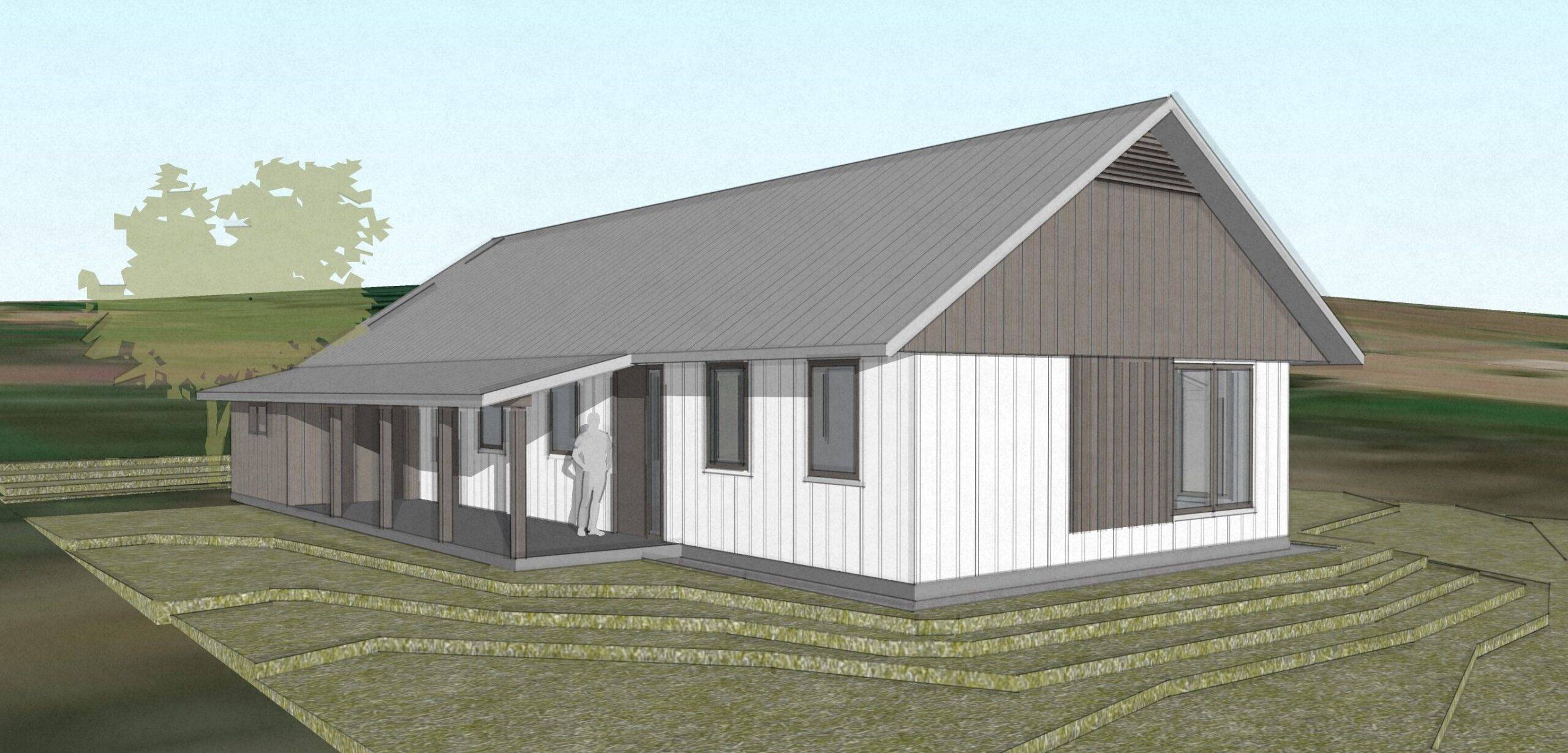 Architectural rendering of Passive House to be constructed in Molalla, OR showcasing front porch, entrance and side view.