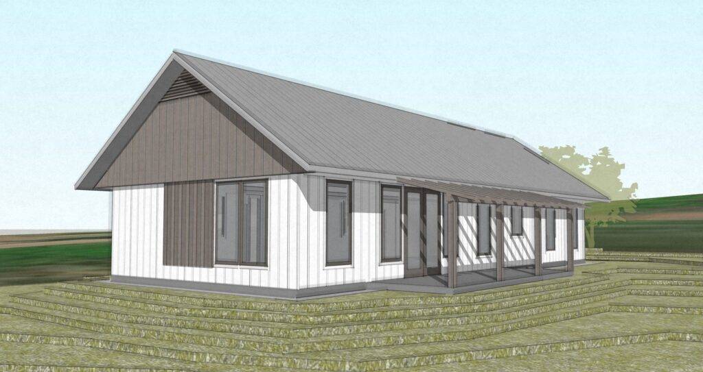 Architectural rendering of Passive House to be constructed in Molalla, OR showcasing rear porch.
