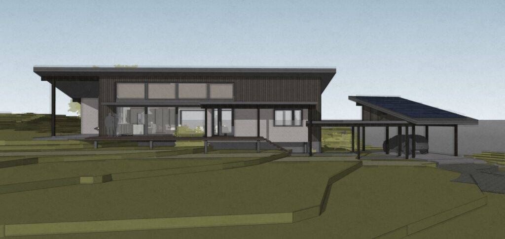 Architectural drawing of Passive House design to be constructed in White Salmon, Washington with profile view.