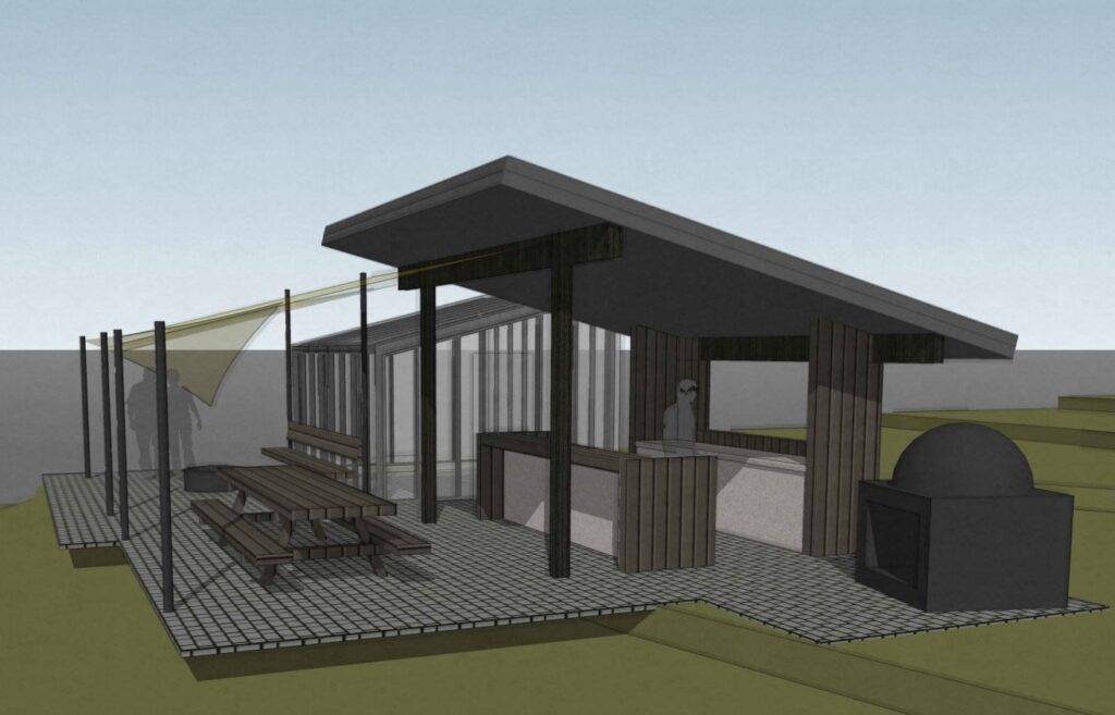Architectural rendering of outdoor entertaining area and greenhouse for Passive House to be constructed in White Salmon, Washington.